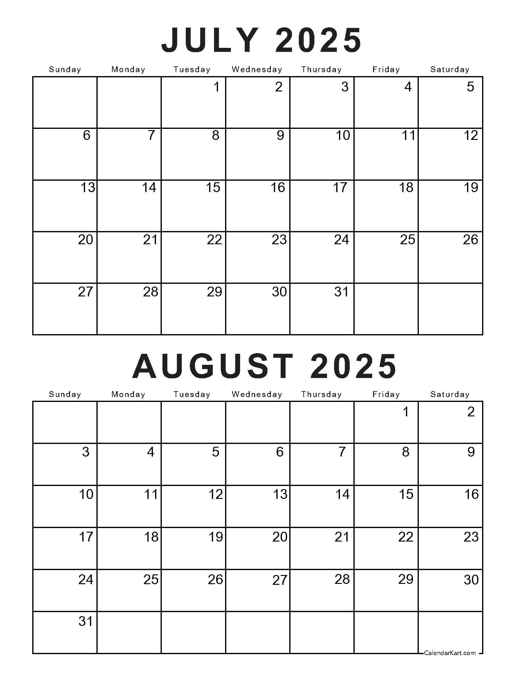 Free Printable July August 2025 Calendar | Calendarkart | August 7 2025 Calendar