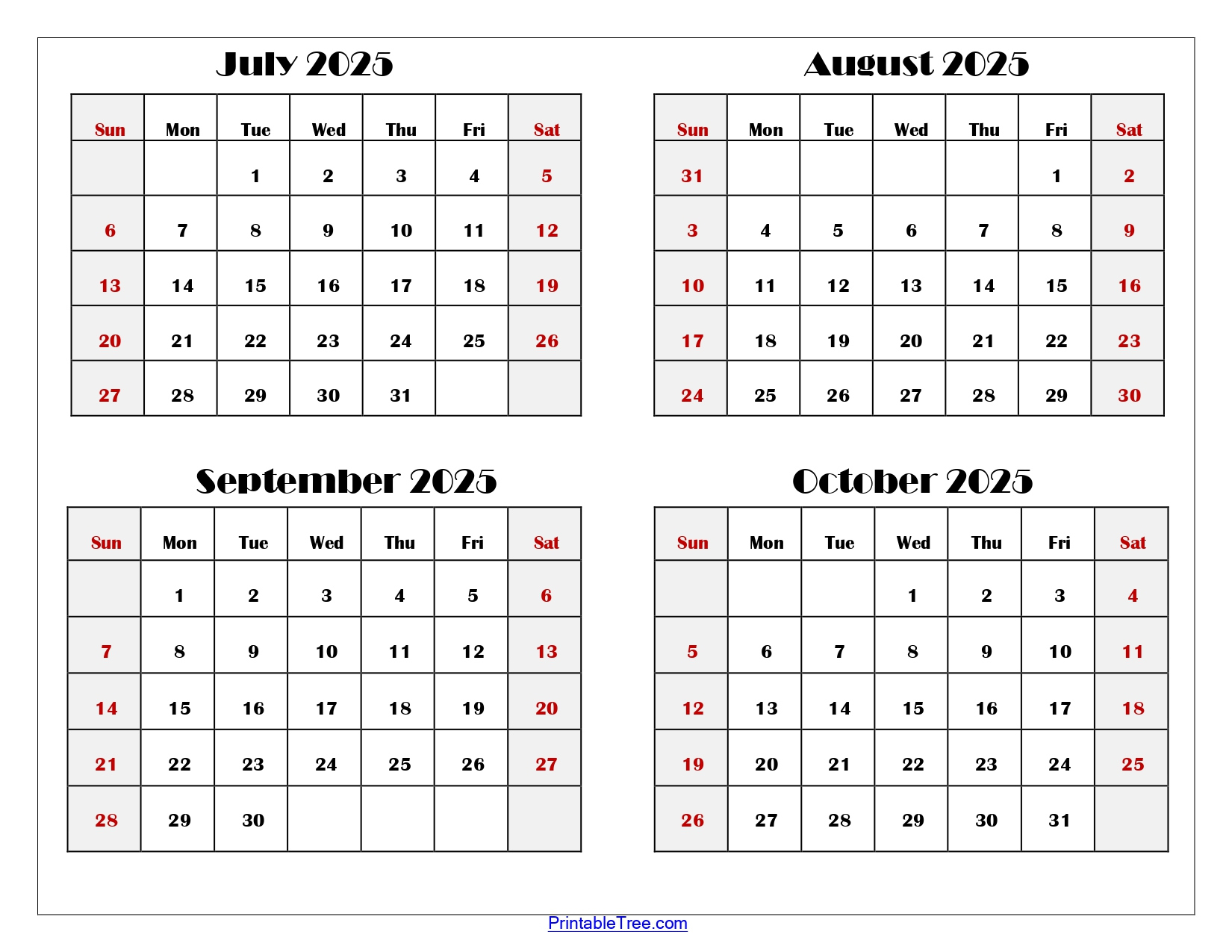 July To October 2025 Calendar Printable Pdf | Four Months Calendar | Calendar 2025