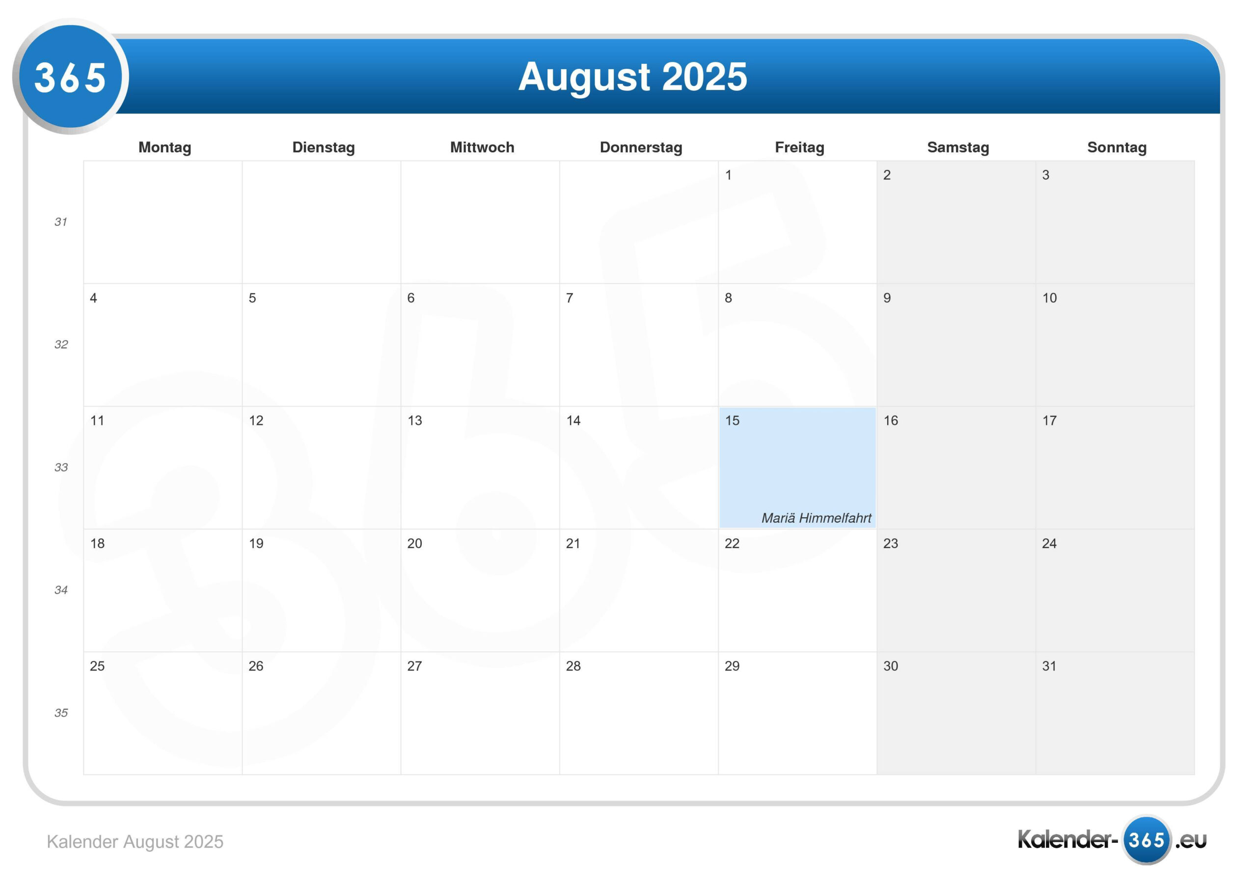Kalender August 2025 | August 1 Calendar 2025