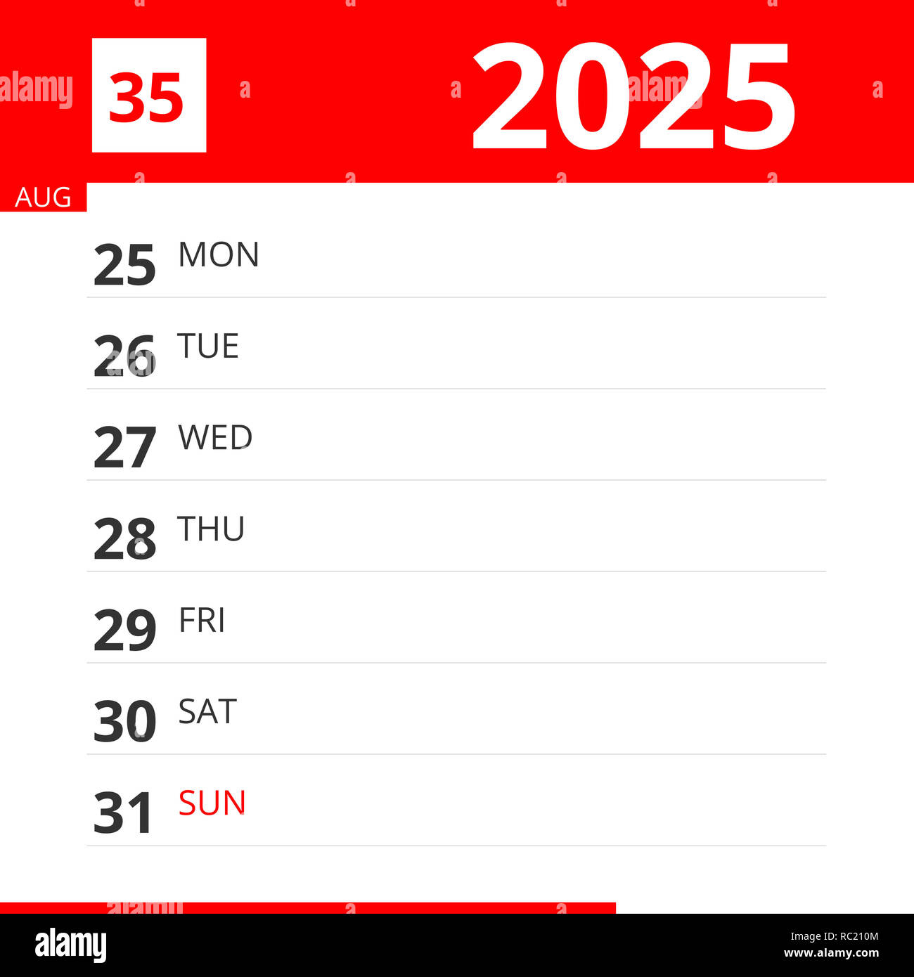 Kalender Planer Für Woche 35 Im Jahr 2025, Endet Am 31. August | Calendar 2025