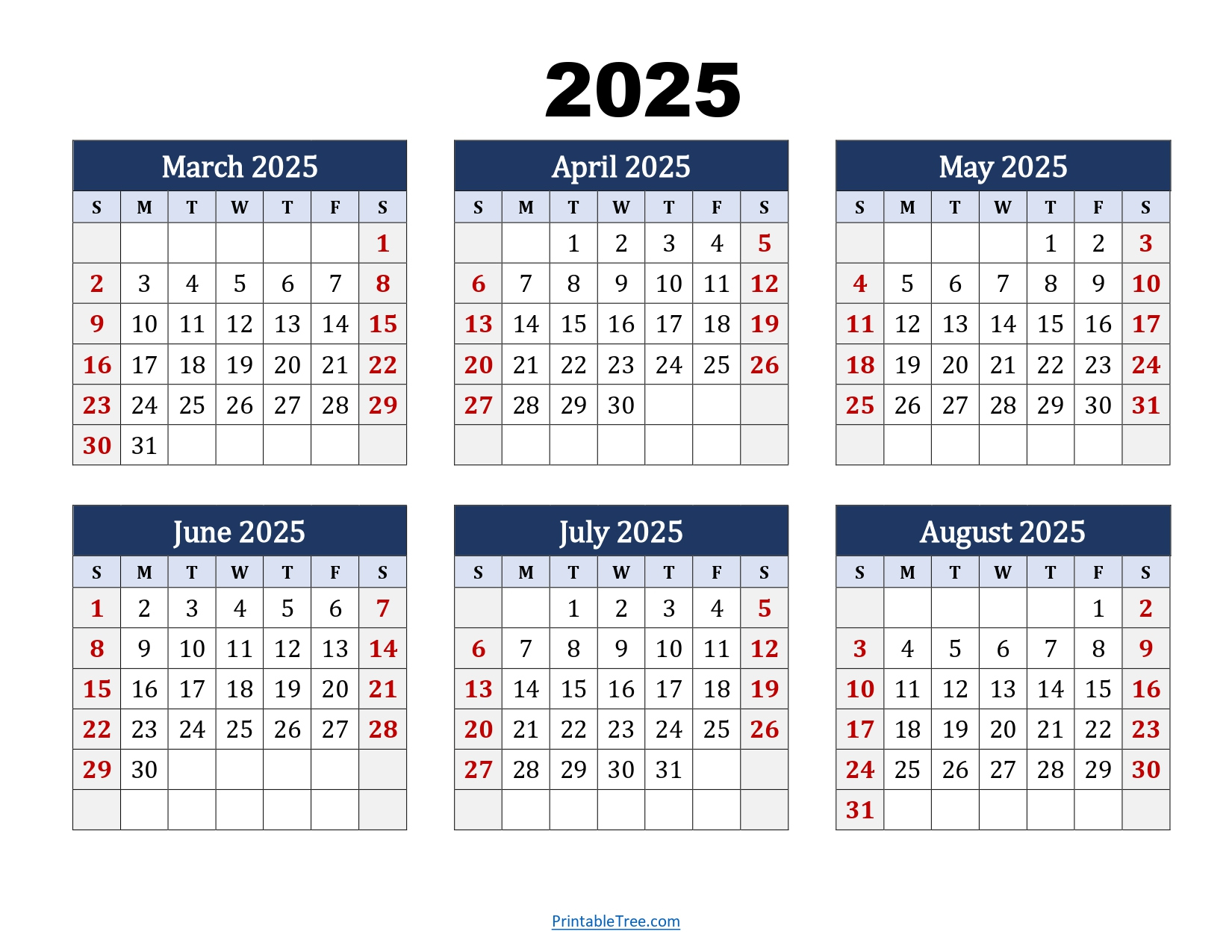 March To August 2025 Calendar Printable Pdf | Six Months Calendar | August 17 2025 Calendar