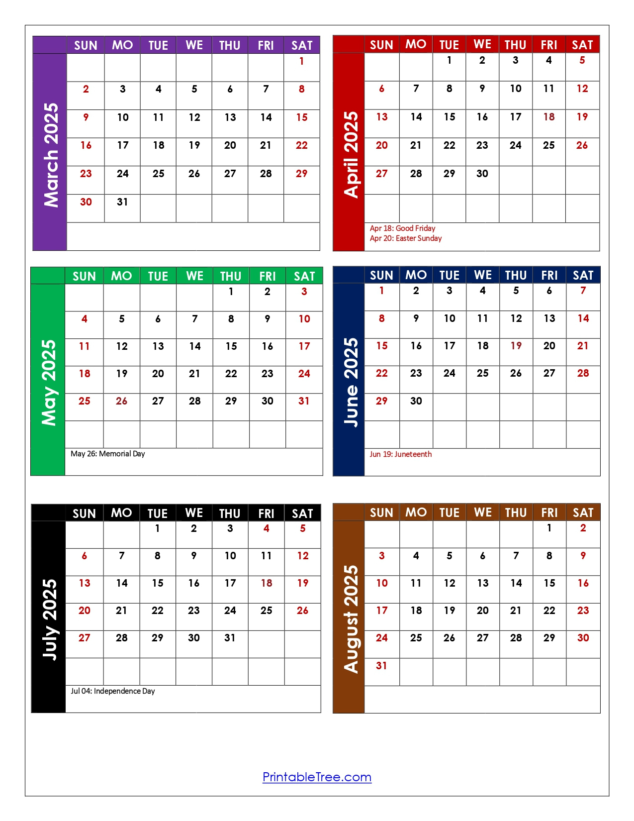 March To August 2025 Calendar Printable Pdf | Six Months Calendar | Calendar 2025