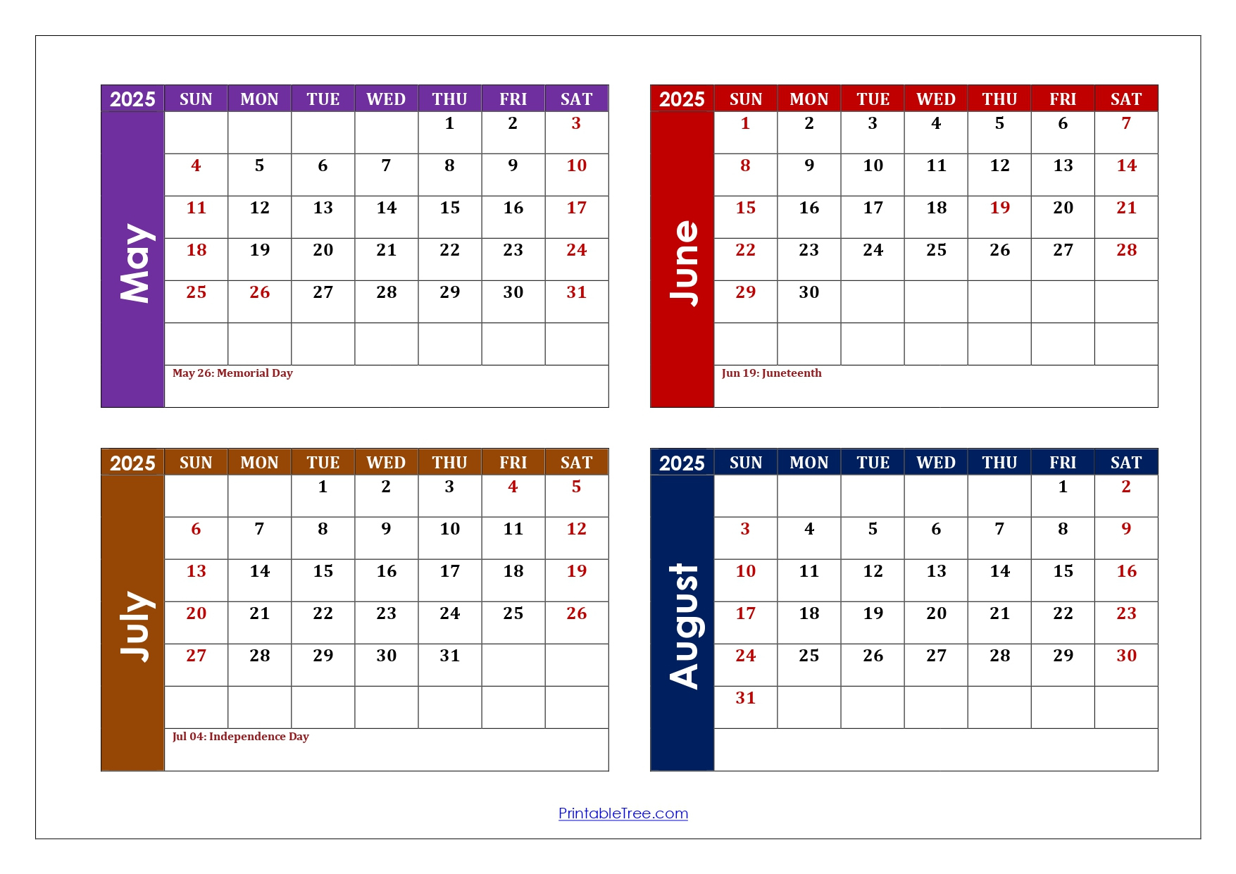 May To August 2025 Calendar Printable Pdf | Four Months Calendar | August 2025 May 2026 Calendar
