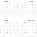 May To August 2025 Printable Calendar | Four Months Per Page | August 2025 To May 2025 Calendar