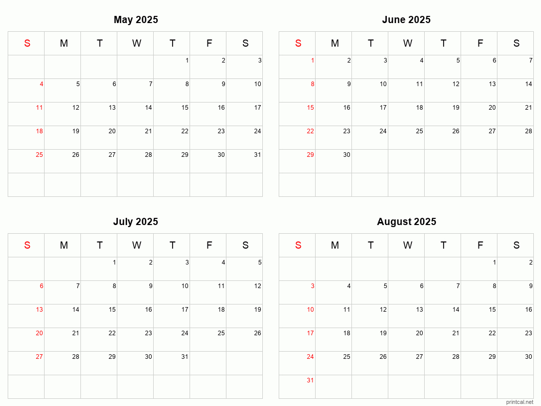 May To August 2025 Printable Calendar | Four Months Per Page | August 2025 To May 2025 Calendar