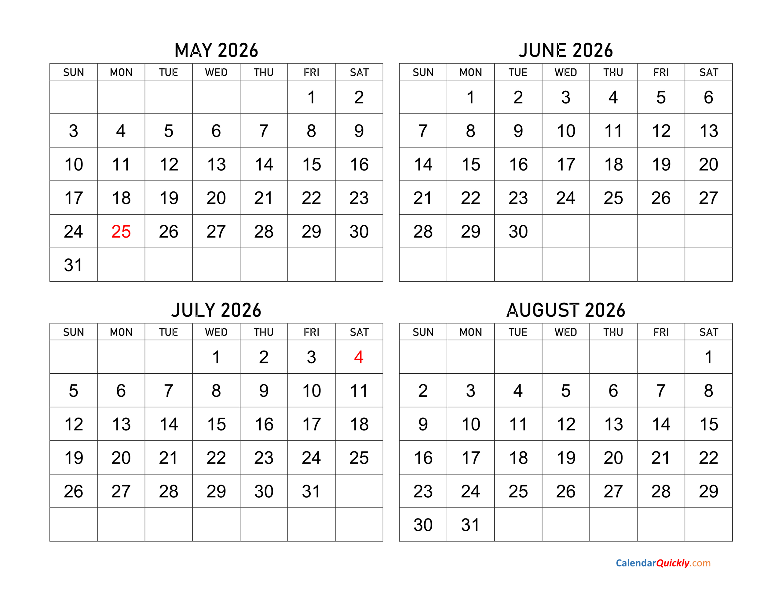 May To August 2026 Calendar | Calendar Quickly | Calendar 2025