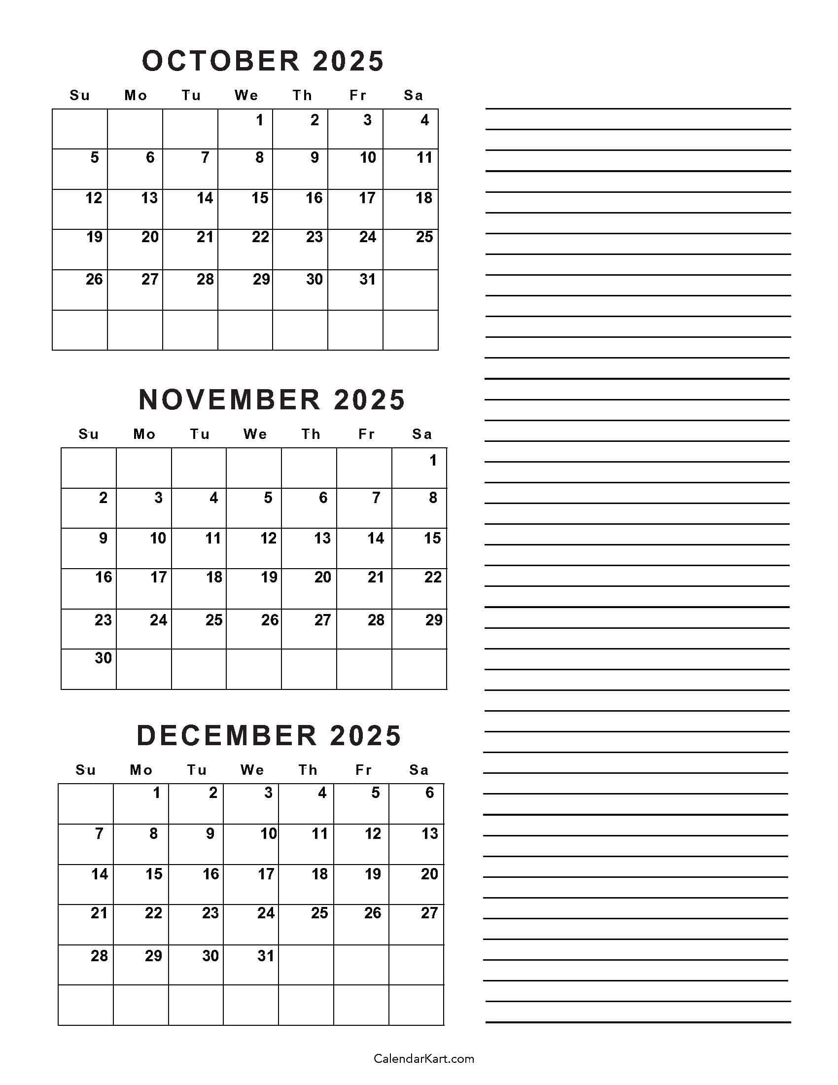 October To December 2025 Calendar (Q4) - Calendarkart | August September October November December 2025 Calendar
