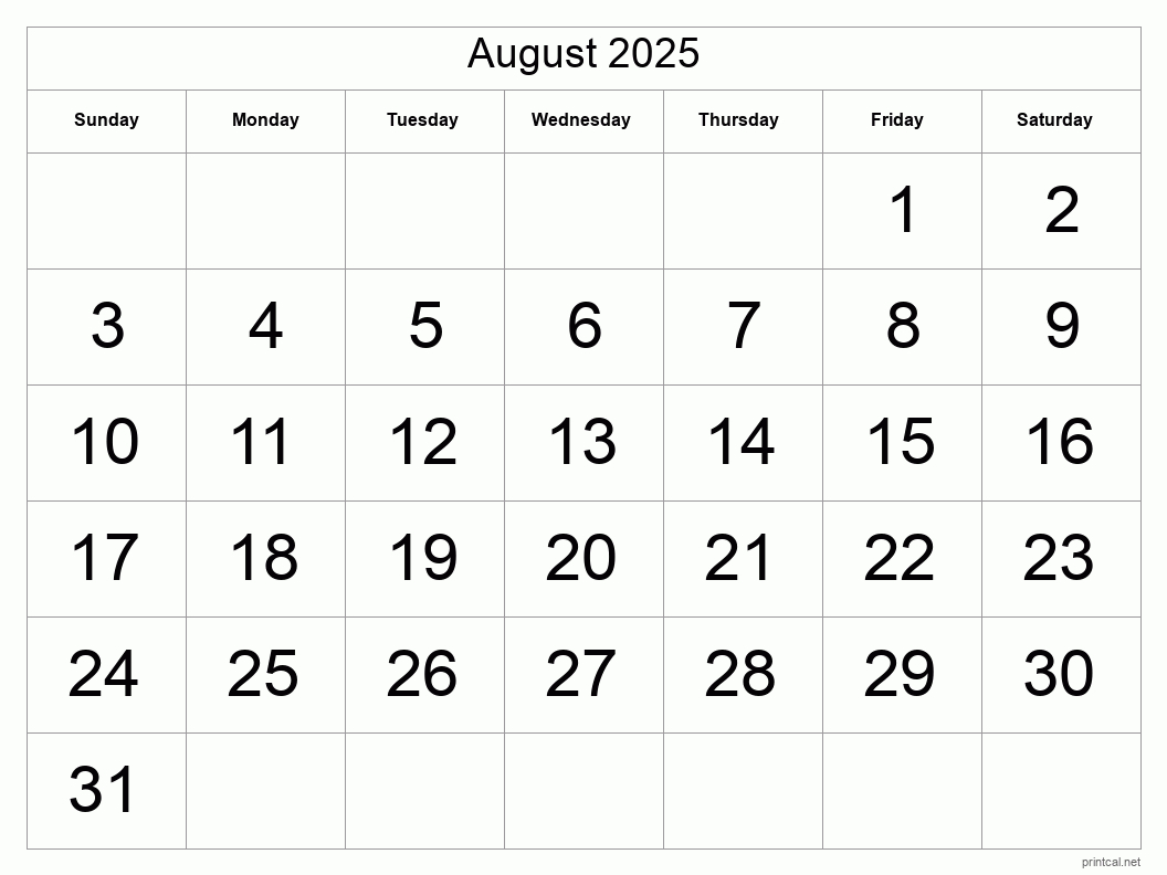 Printable August 2025 Calendar - Big Dates | August 14 2025 Calendar