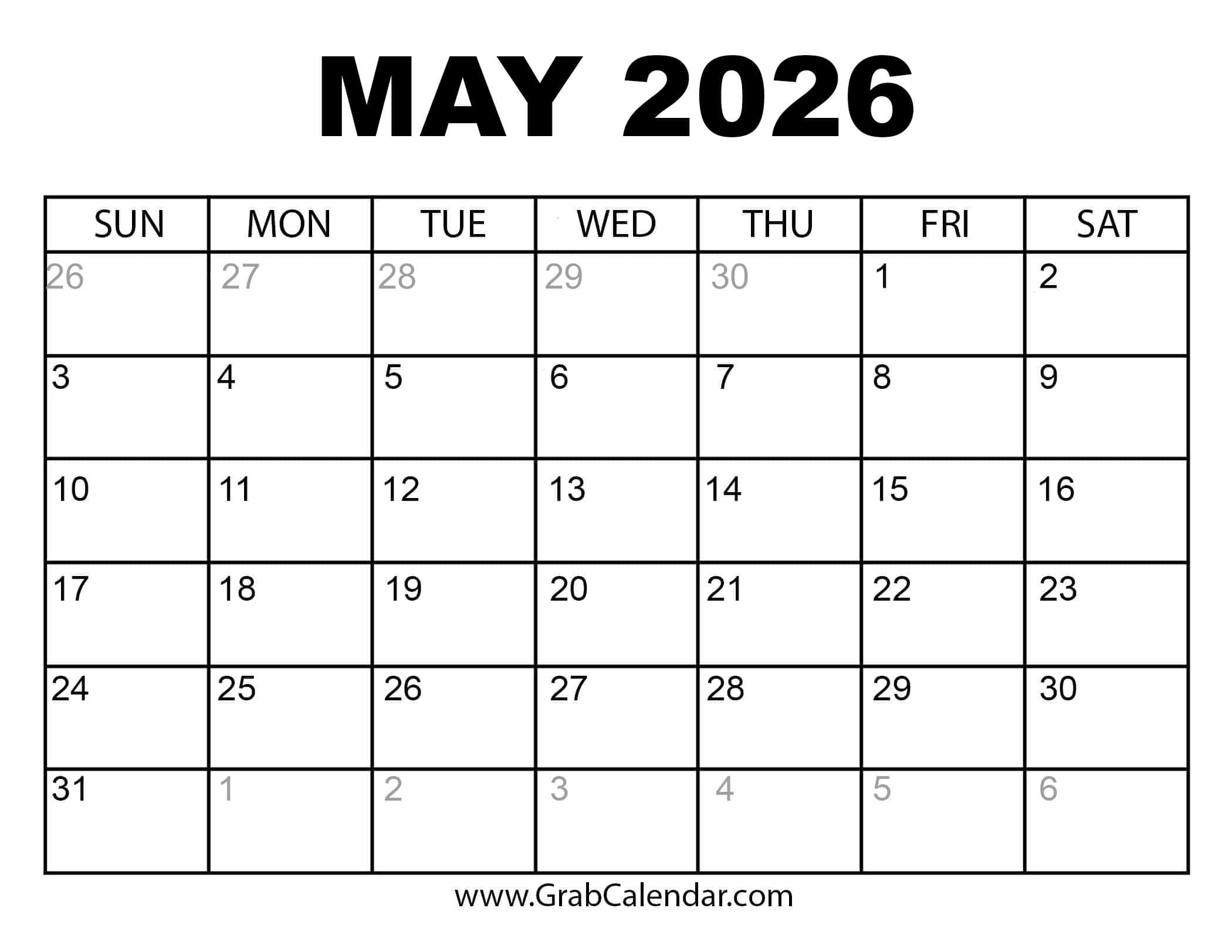 Printable May 2026 Calendar | August 2025 - May 2026 Calendar Printable