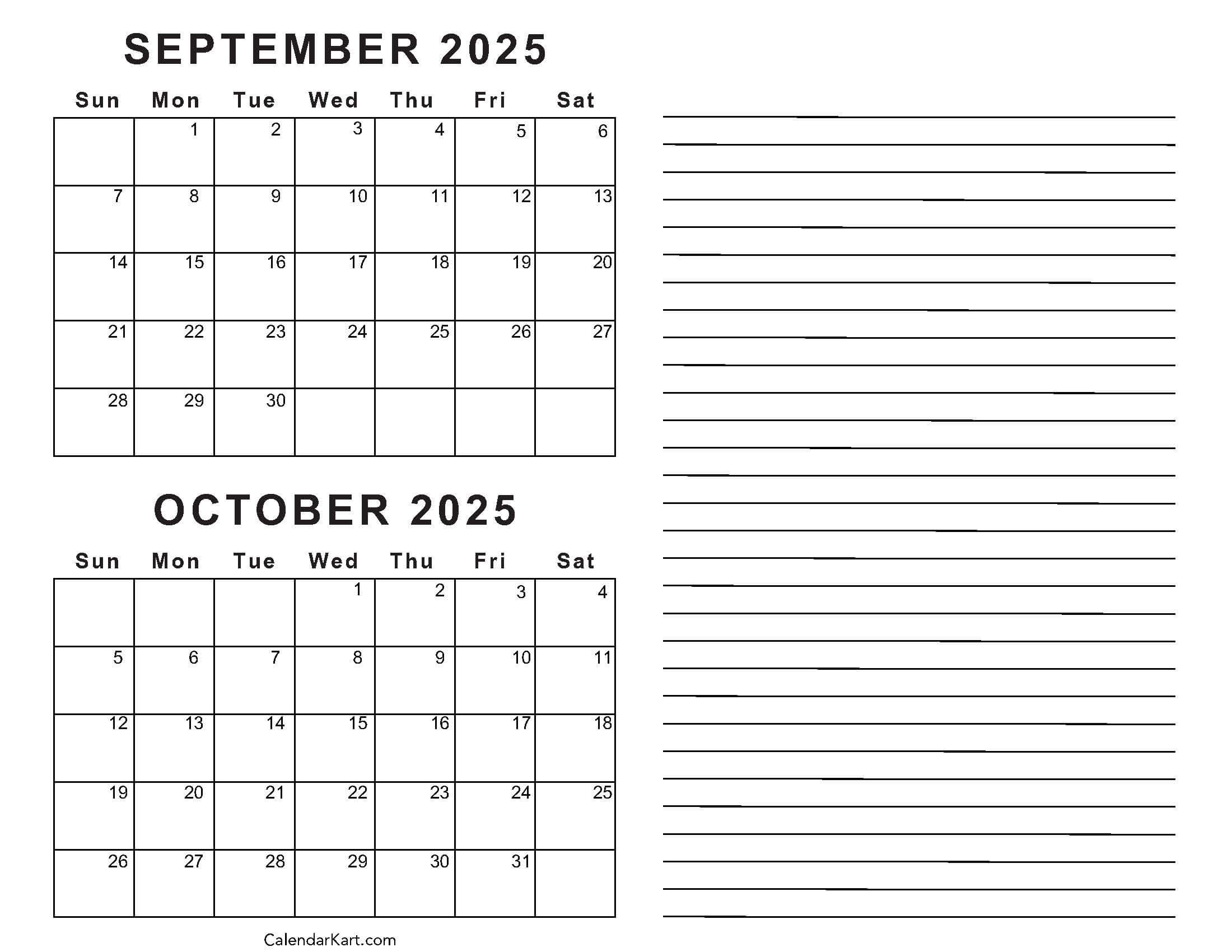 Printable September October 2025 Calendar | Calendarkart | Calendar 2025