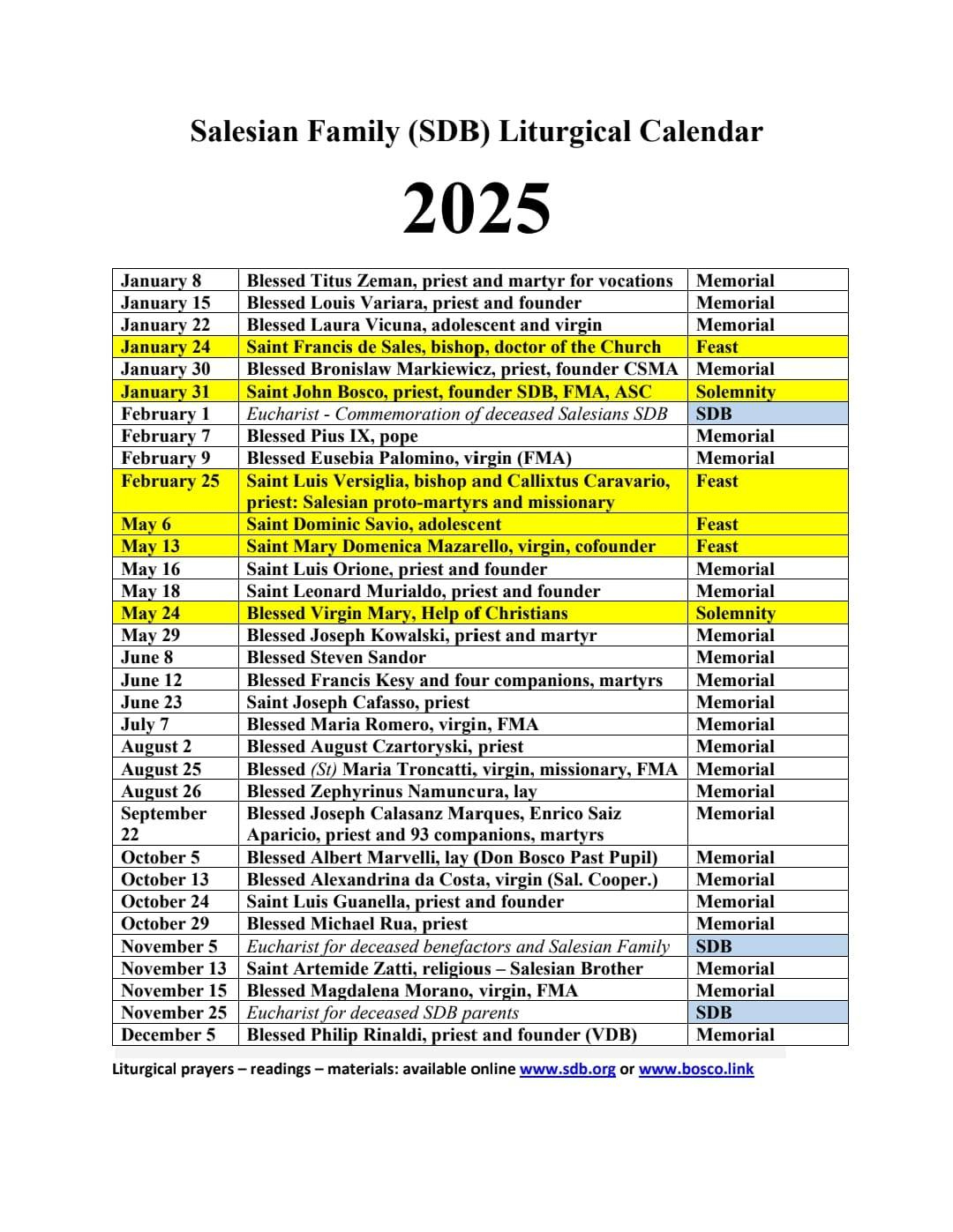 Resource - 2025 Salesian Family Calendar - Liturgy Prayer Intentions | Calendar 2025