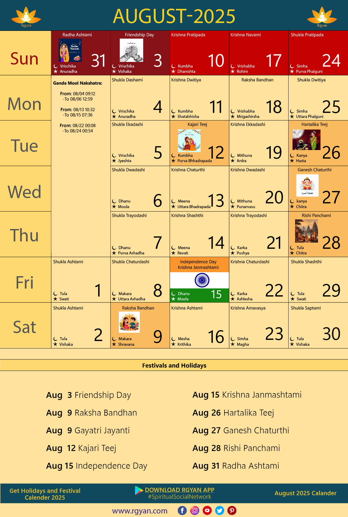 Rgyan: Important Dates In August 2025 - Indian Lunar Calendar | 2025 August Calendar Festival