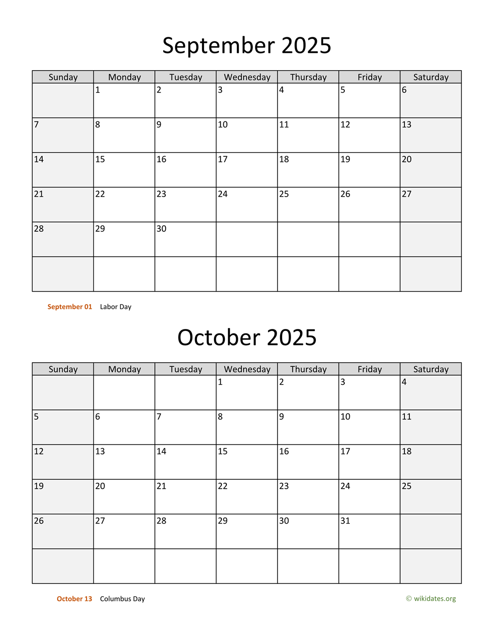 September And October 2025 Calendar | Wikidates | Calendar 2025