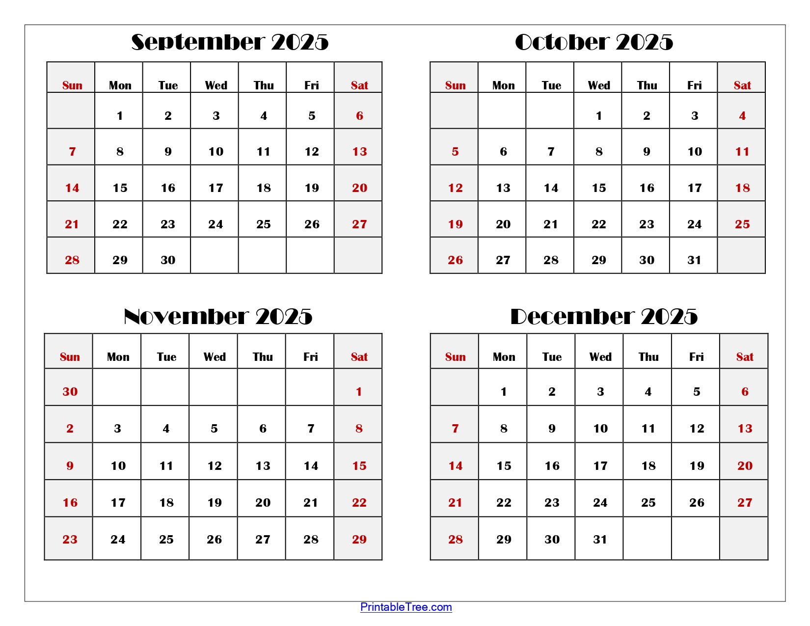 September To December 2025 Calendar Printable Pdf | Four Months | August September October November December 2025 Calendar