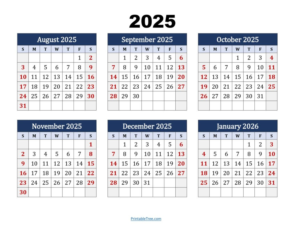 Six Month Calendar 2024-2025 Printable Pdf- 6 Months Calendar | August 2025 - July 2026 Calendar