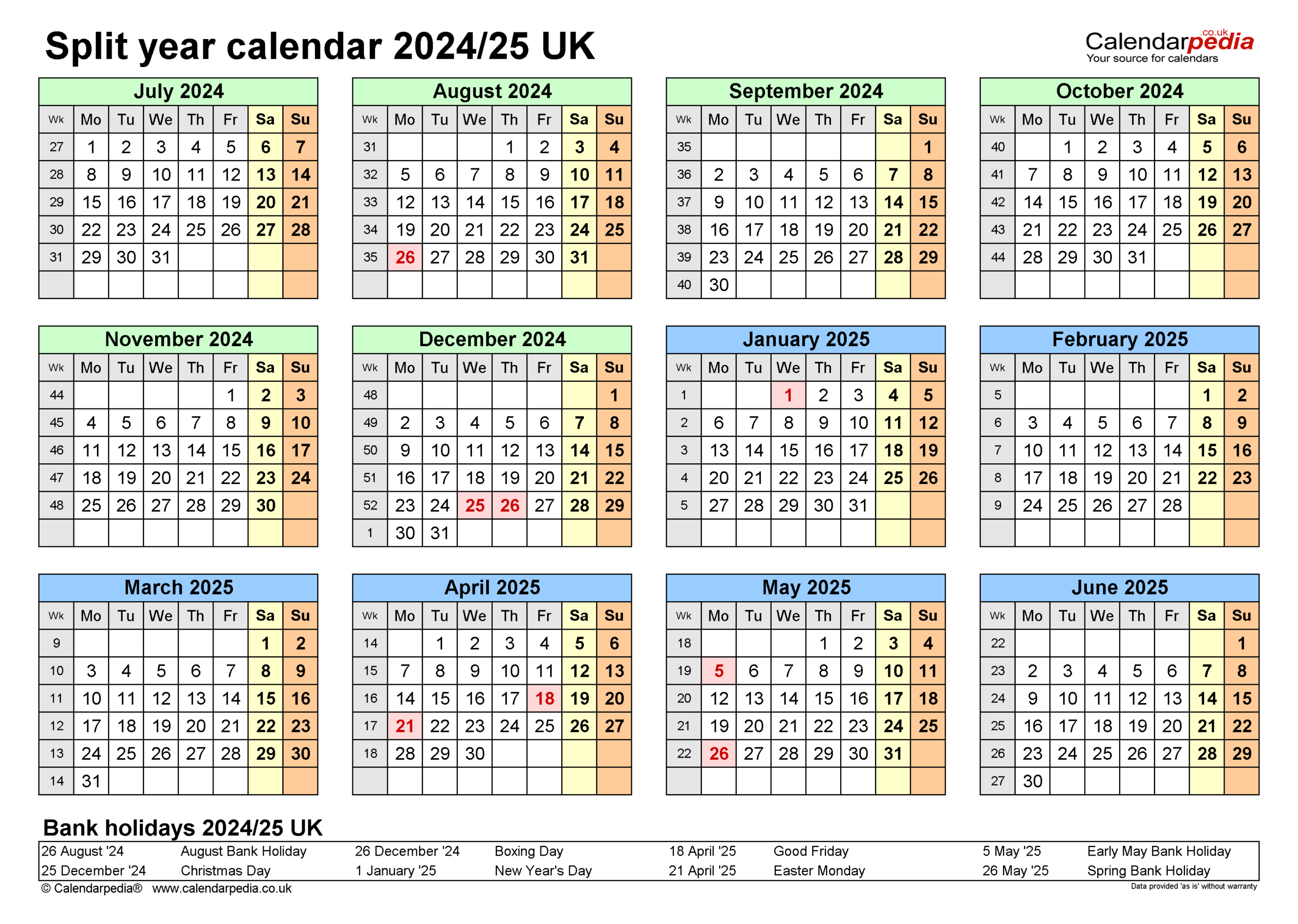 Split Year Calendars 2024/25 Uk (July To June) For Pdf | September 2024 to August 2025 Calendar