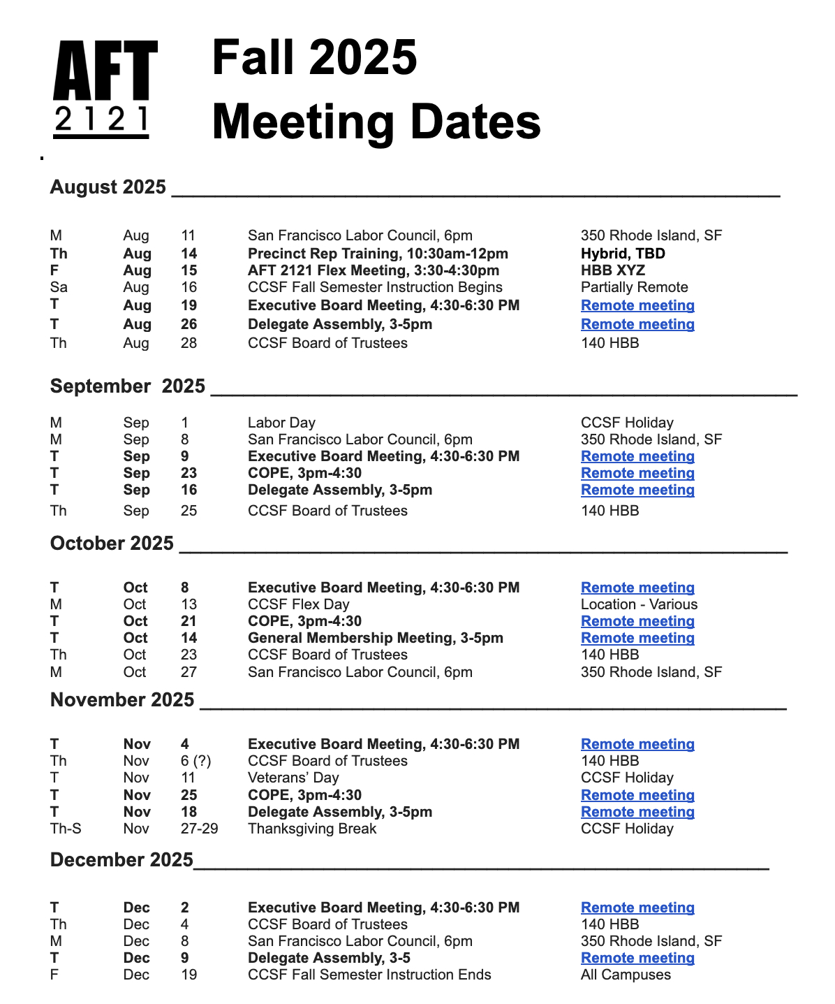Tech Reporting Form | Aft 2121 | Calendar 2025